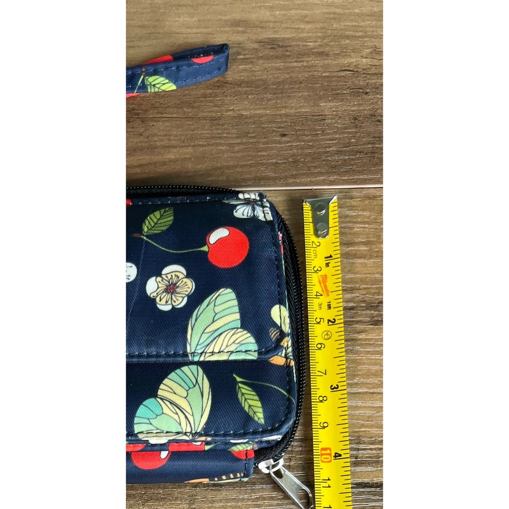 Smith & Skee Navy Blue Cherry Butterfly Print Nylon Wristlet Wallet Organizer - Picture 5 of 5